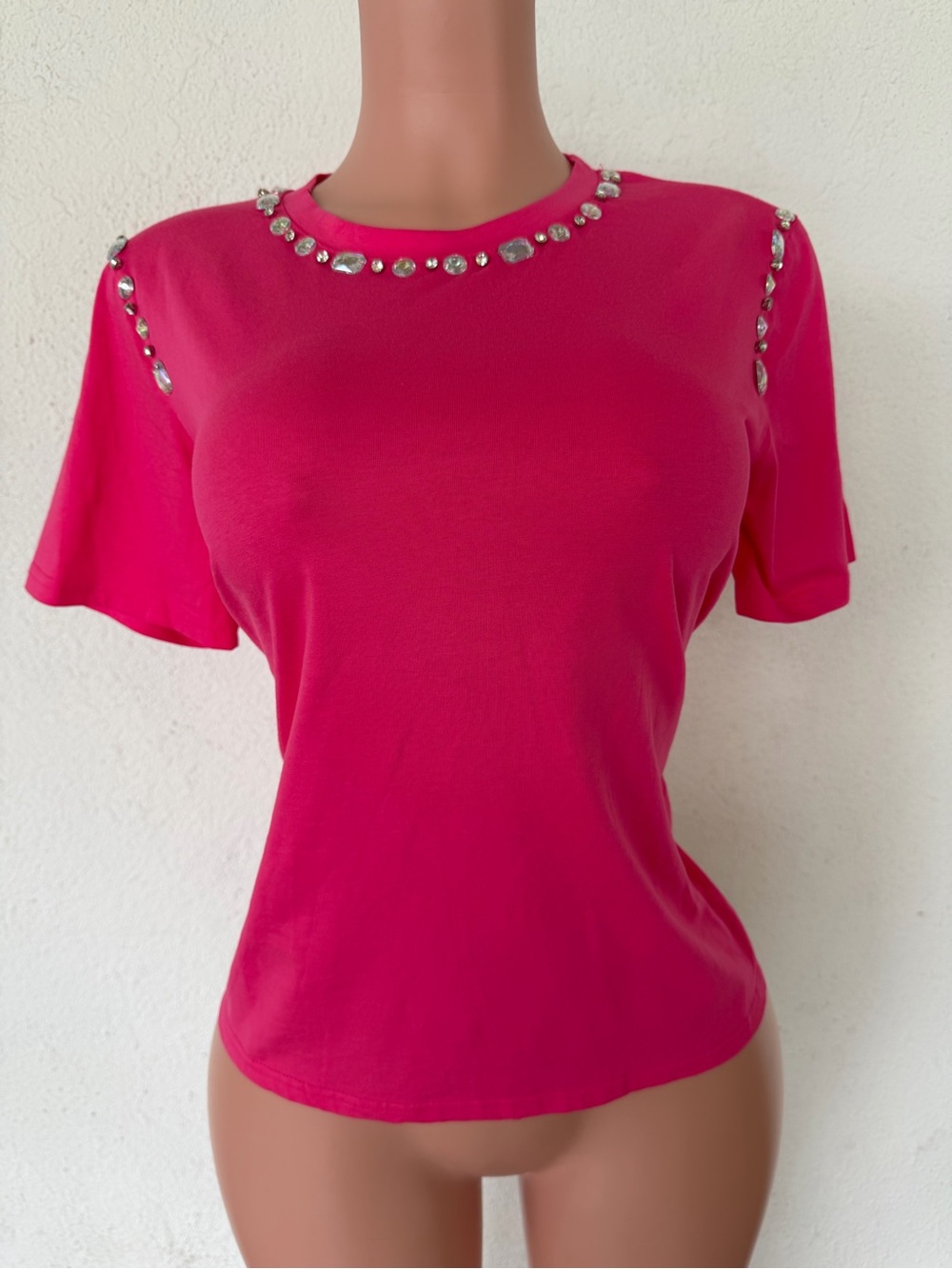 Women’s Fuchsia Short Sleeve Jewel-Trim Top